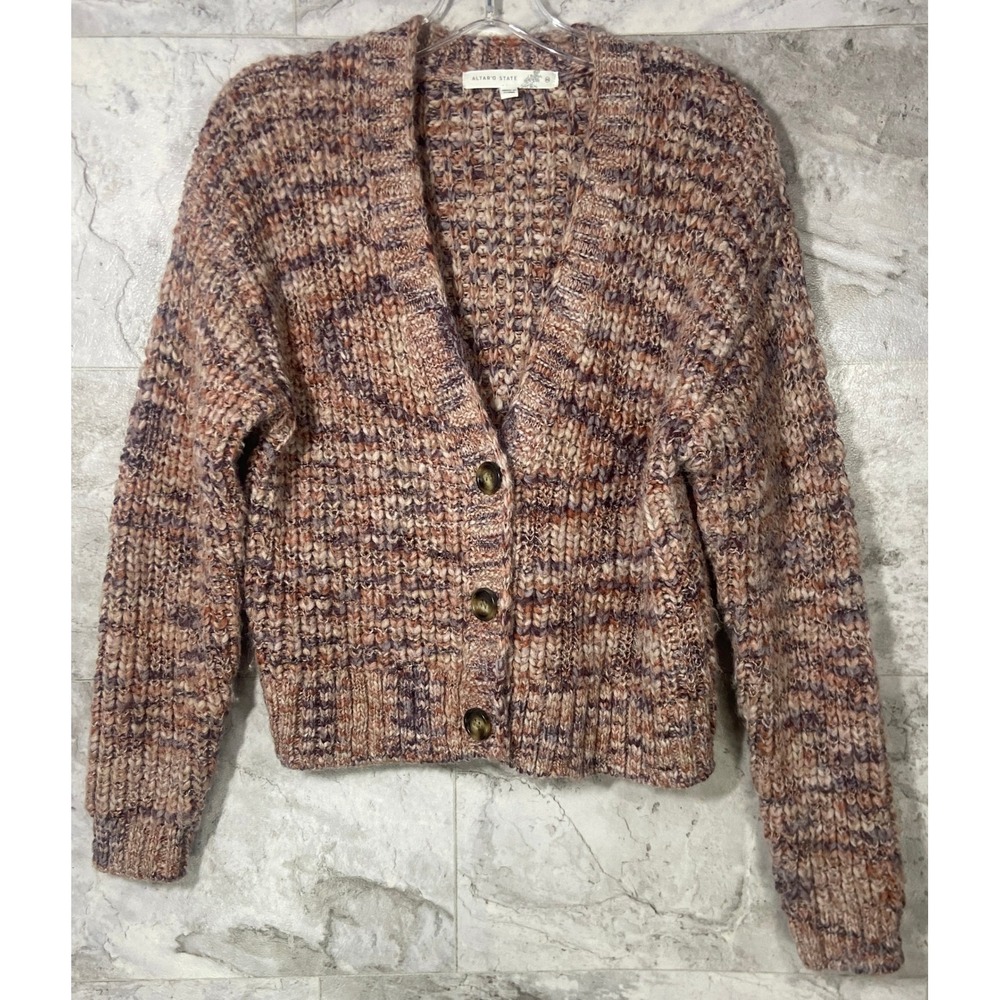 Altar'd State Cardigan Sweater Women's XS Pink Multi Color Textured Knit Button